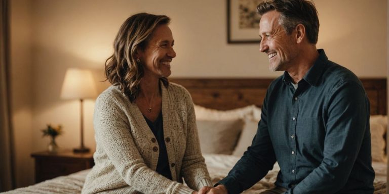 Happy couple holding hands in cozy bedroom