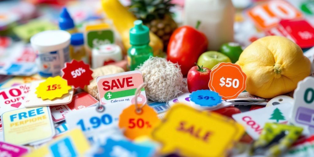 Shopping cart filled with groceries and colorful price tags