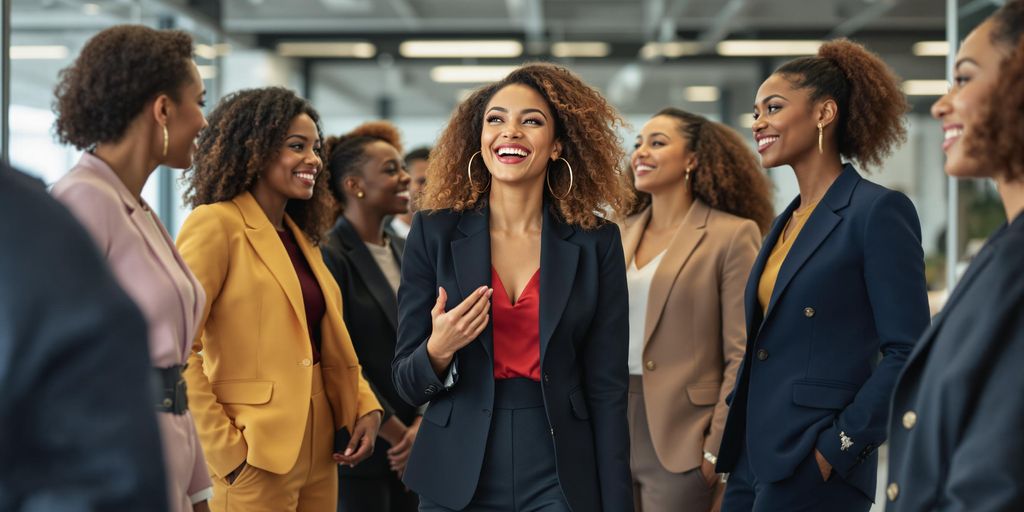 Diverse women in stylish suits in a modern office.