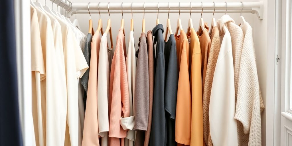 Minimalist wardrobe with neatly organized clothes.