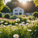 A peaceful garden with vibrant flowers under a blue sky.