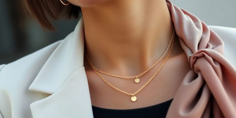 Elegant necklaces and silk scarf on woman's neck.