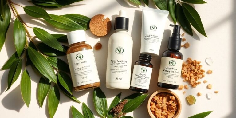 Affordable natural beauty products and green leaves