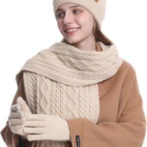 Women’s Winter Hat Scarf Gloves Set, 3-Piece Knitted Set wit…