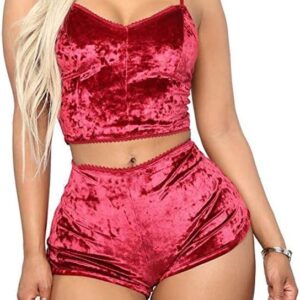 AWIBMK Women's Velvet 2 Piece Outfit Spaghetti Strap Sleevel...
