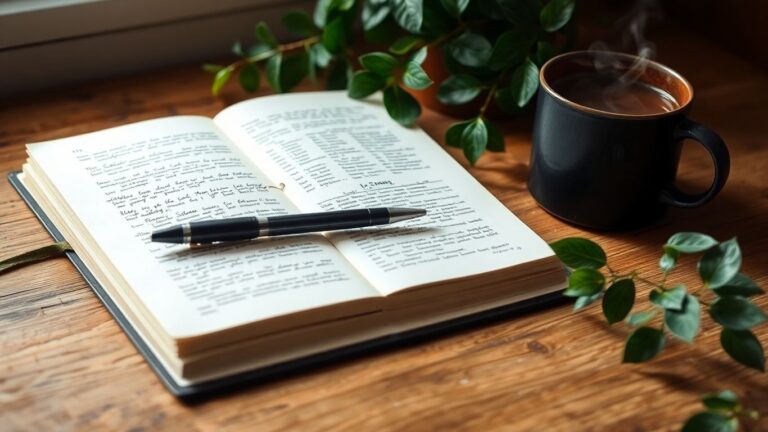 Journal and pen on a desk with tea.