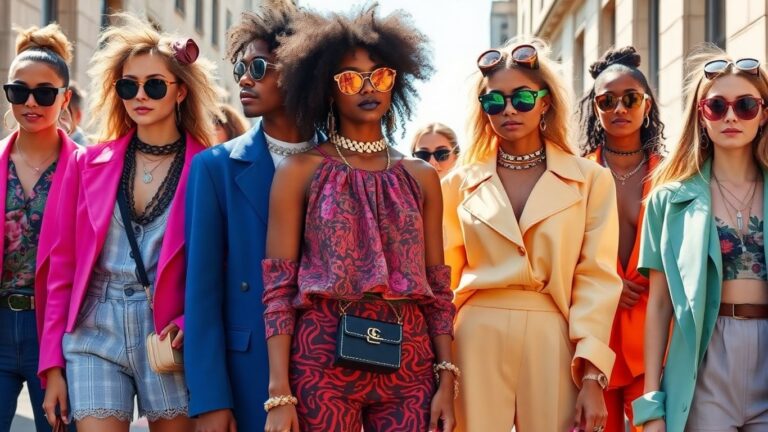 Diverse people wearing trendy, colorful street fashion.