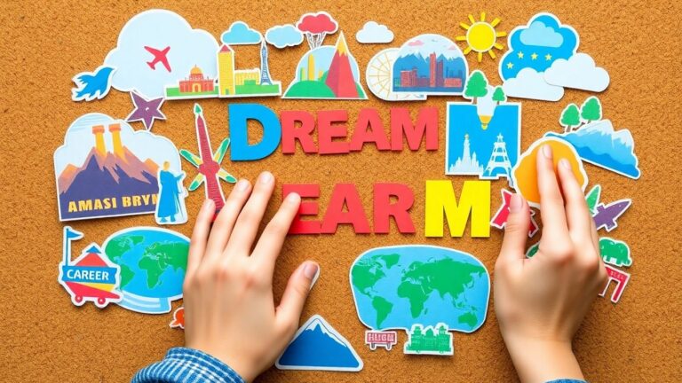 Hands arranging colorful dream cutouts on a corkboard.