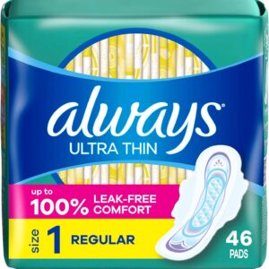 Always Ultra Thin Pads with Wings, Size 1, Regular, 46 Count