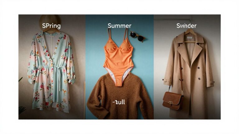 Seasonal fashion essentials collage for spring, summer, fall, winter.