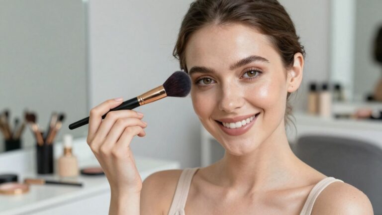 Woman with quick, natural makeup look holding a brush.