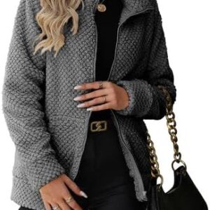 Women’s Full Zip Stand Collar Fleece Sherpa Jacket with Pock…