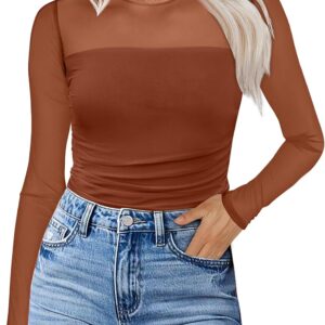 XIEERDUO Women’s Sexy Sheer Long Sleeve Tops Crew Neck Mesh …